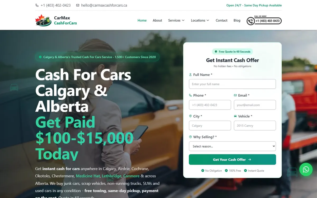 CarMax Cash For Cars Calgary website screenshot for Automotive — vehicle buying & recycling