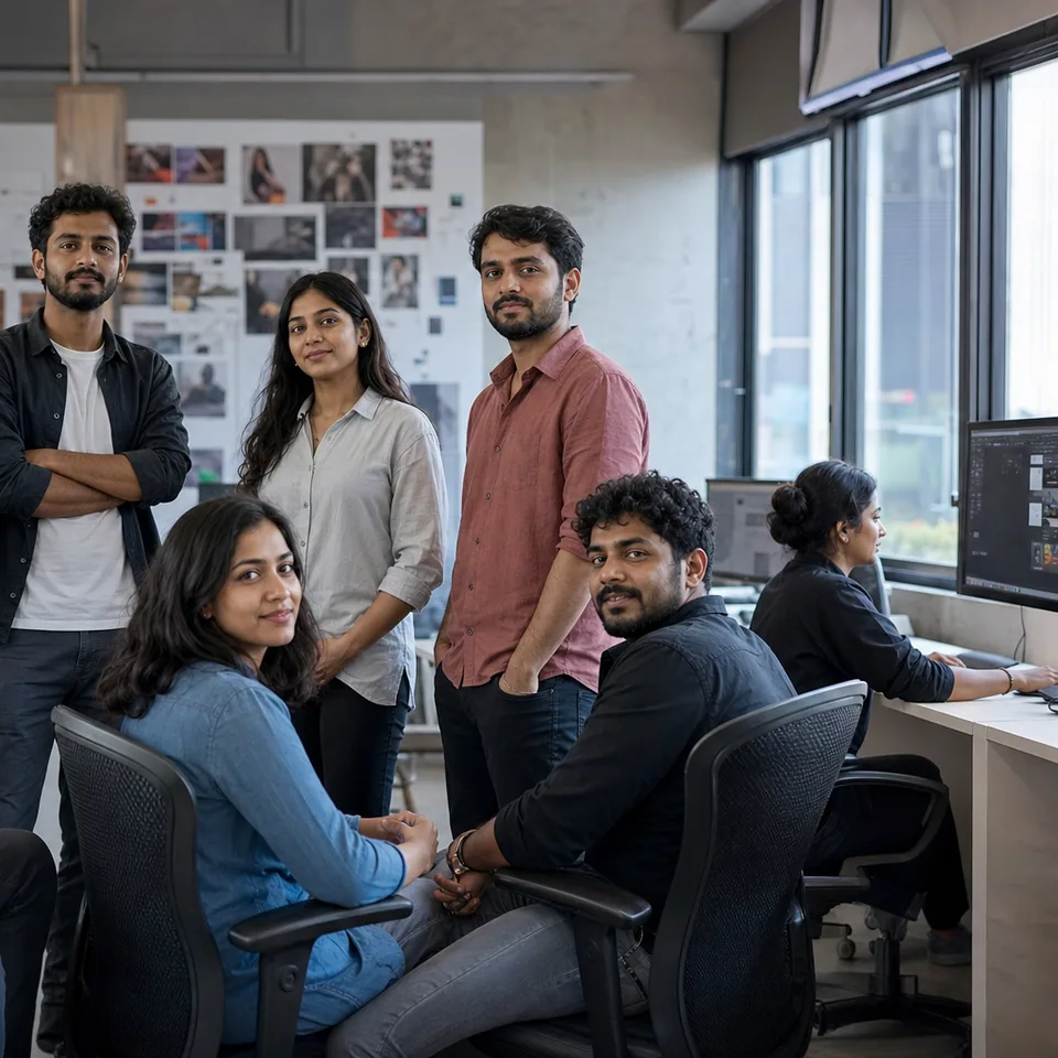 Agency leadership and project team reviewing client work in a modern office