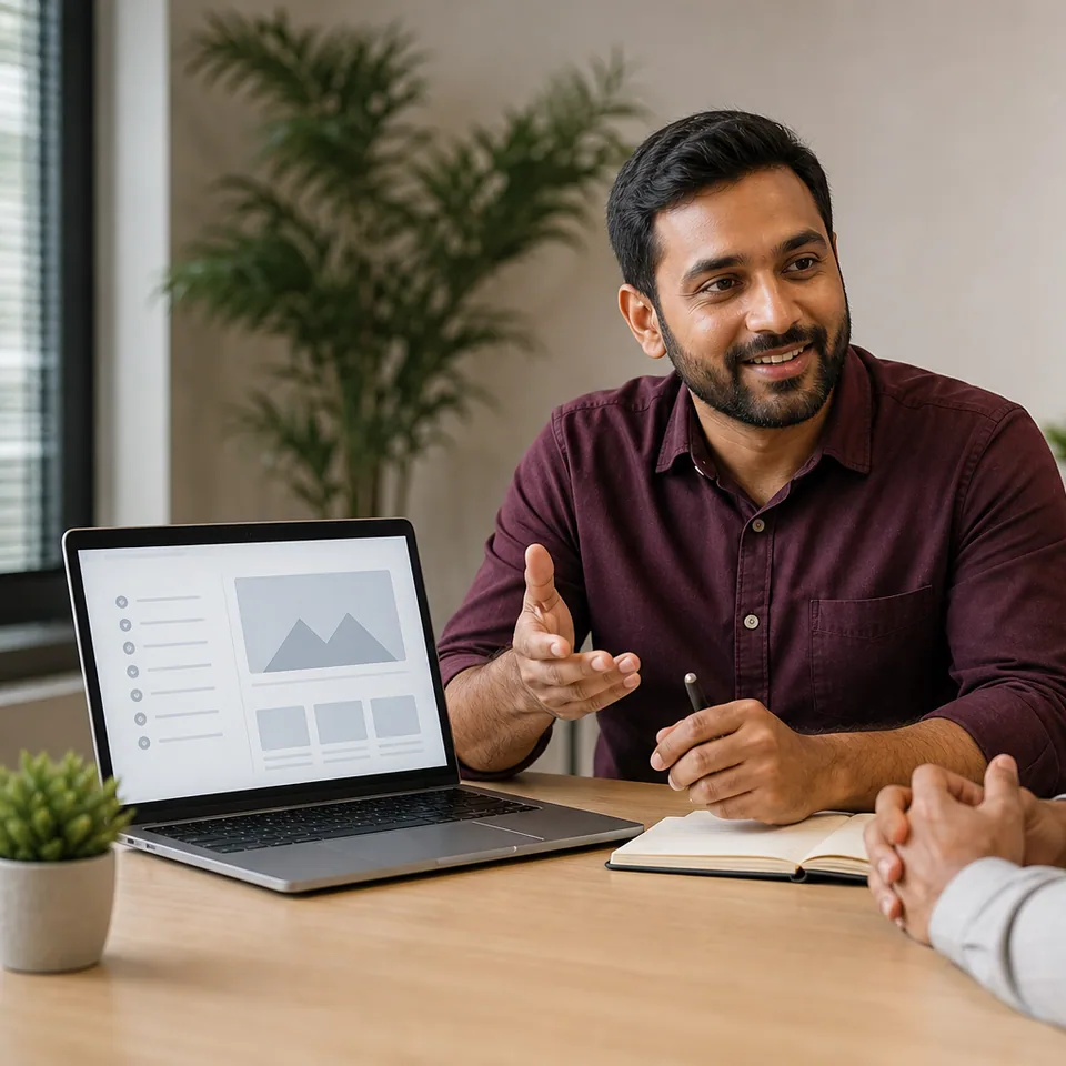Business owner discussing website project questions with an agency consultant