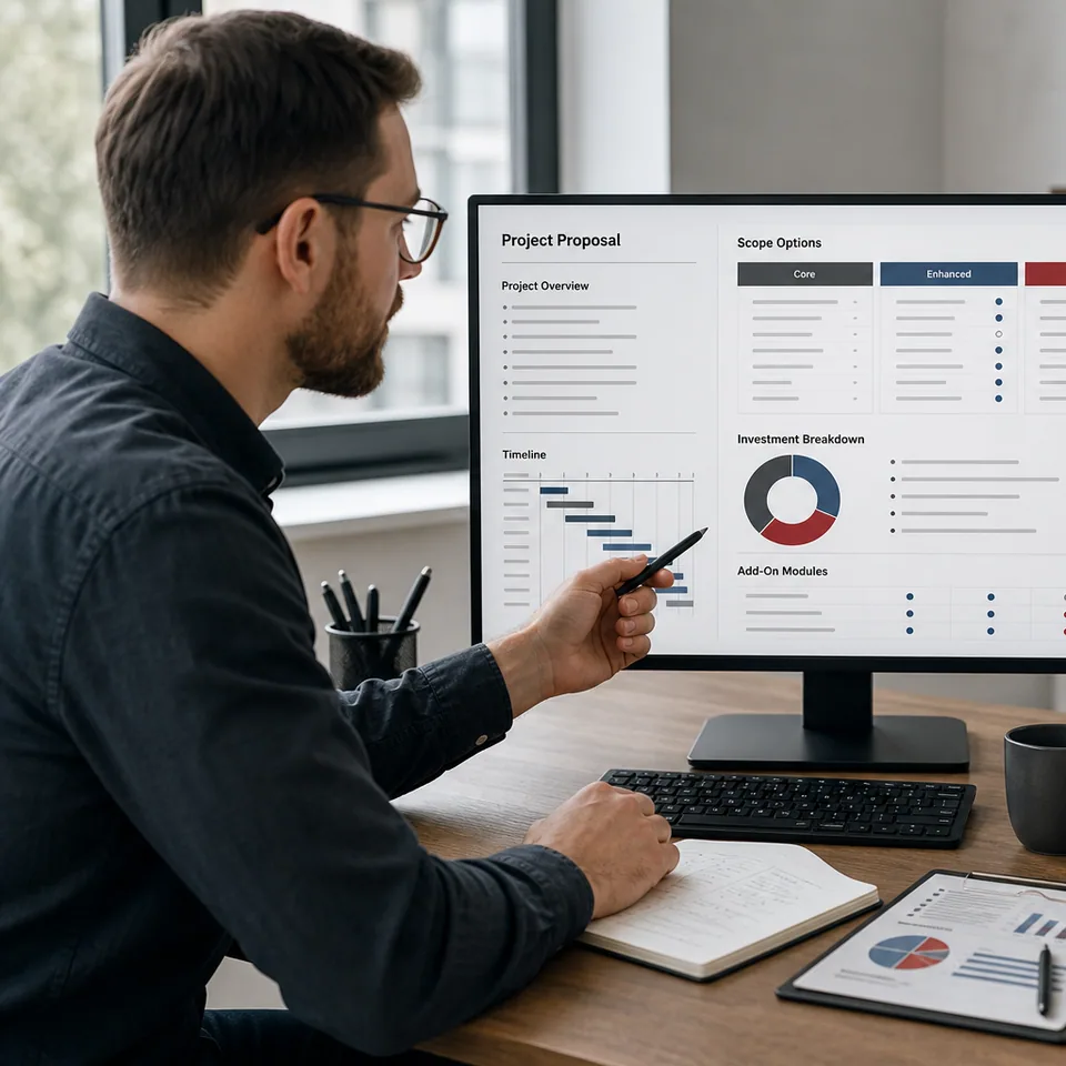 Agency consultant comparing website service plans and deliverables with a business owner