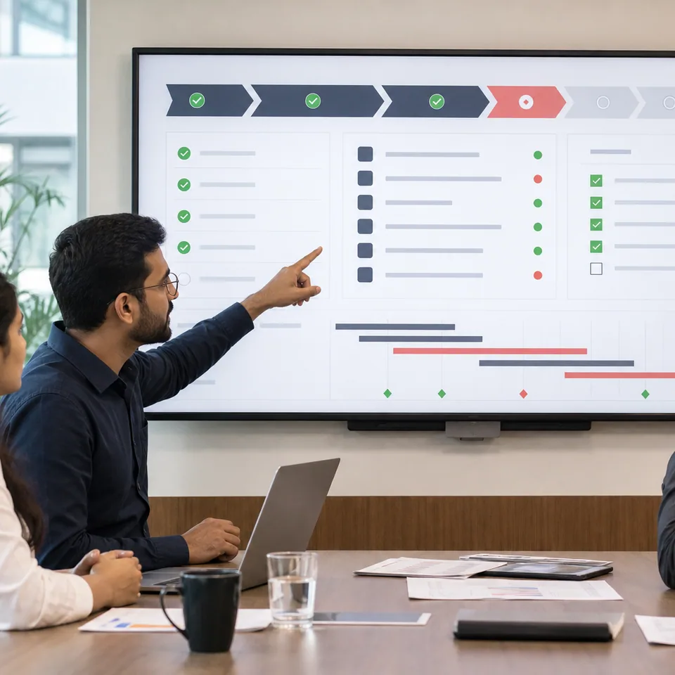 Project manager presenting scope, milestones and quality checks to a client