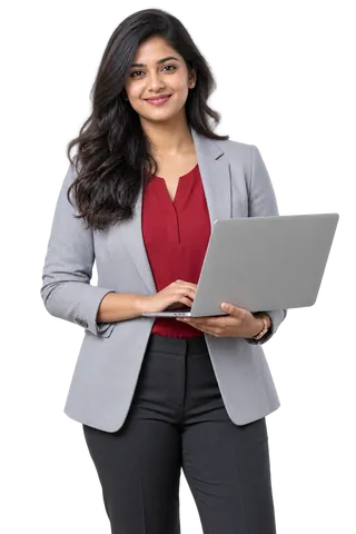 AI-generated illustrative female project consultant holding a laptop