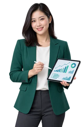 AI-generated illustrative female digital strategist reviewing an analytics tablet