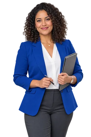 AI-generated illustrative female international project adviser holding a folio