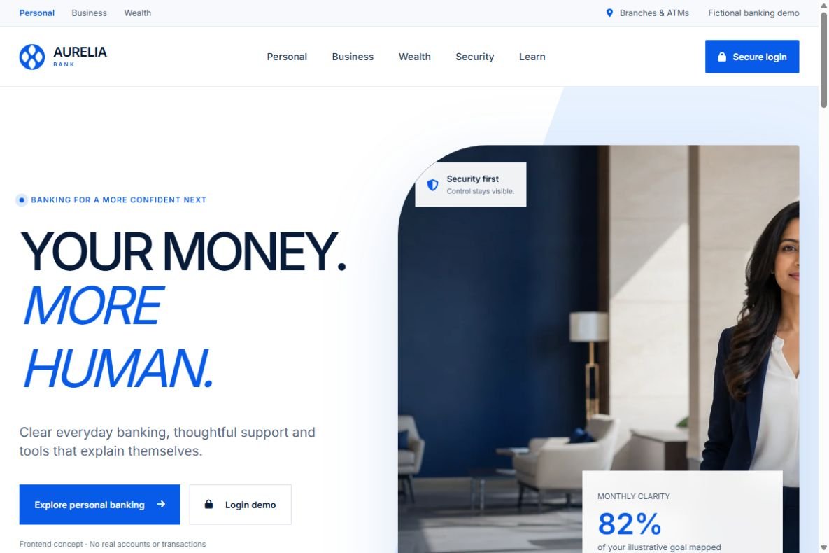 Aurelia Bank homepage website demo screenshot