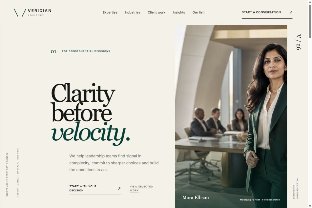 Veridian Advisory homepage website demo screenshot