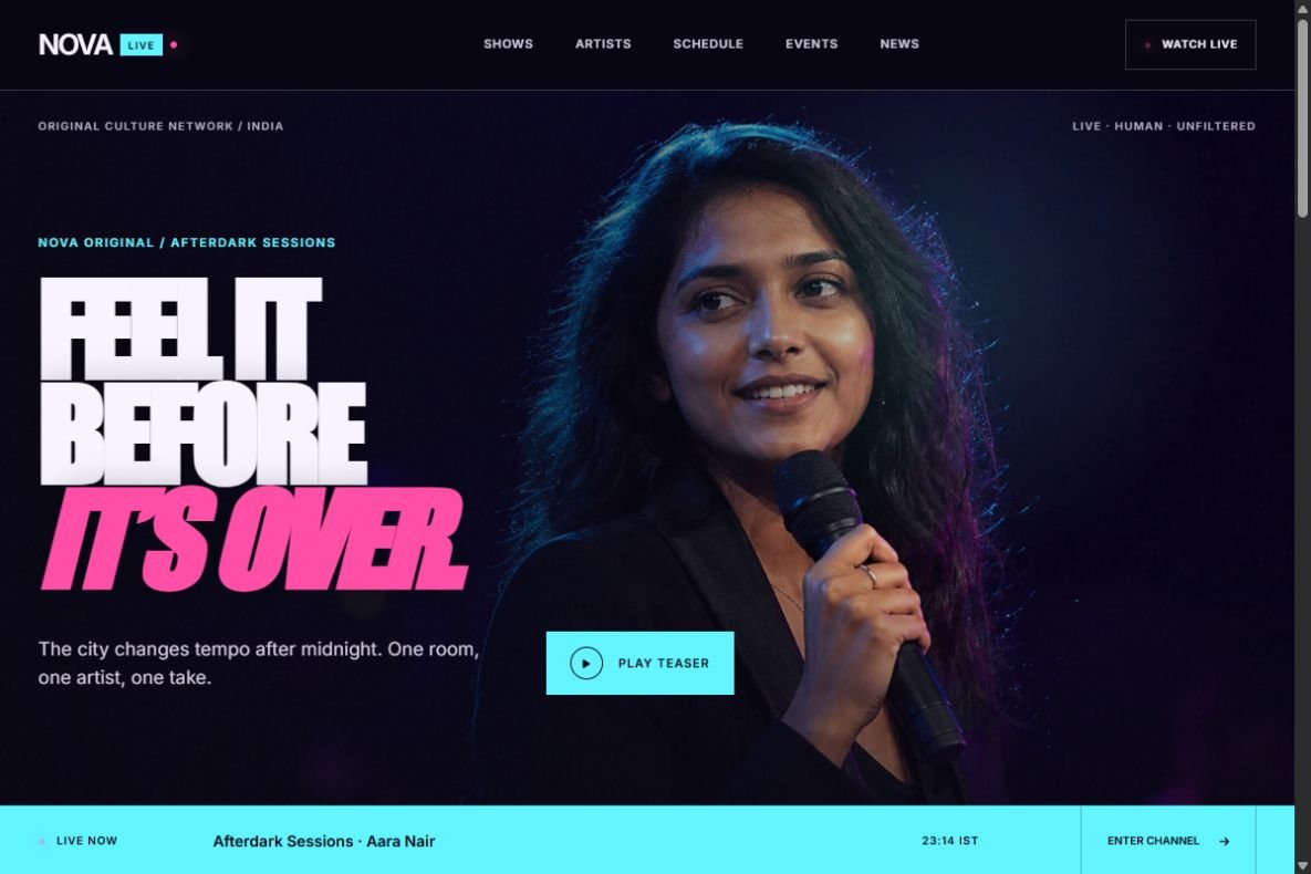 NOVA Live homepage website demo screenshot