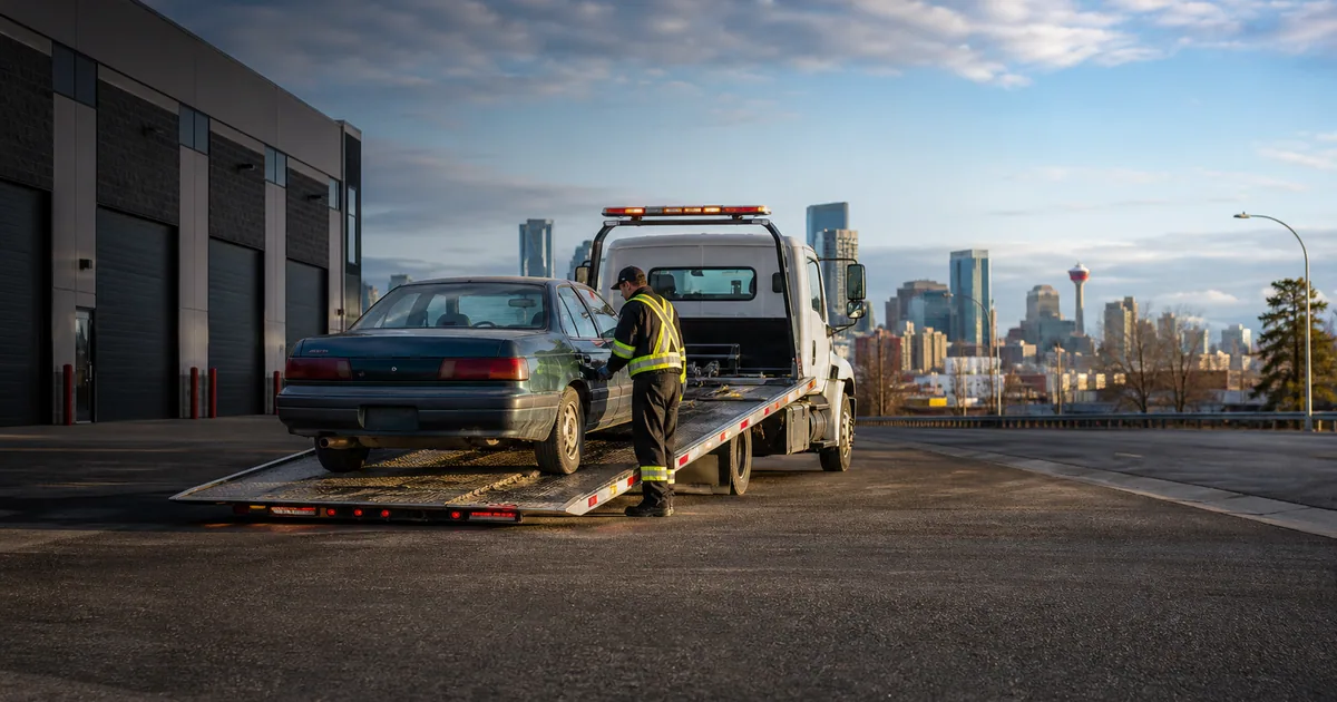 Tow truck completing a cash-for-cars vehicle pickup in Calgary