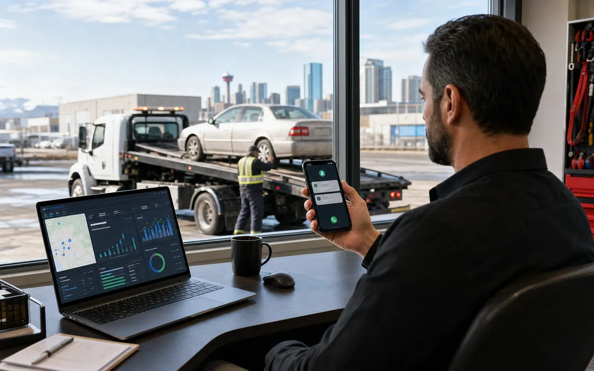 Canadian towing operator reviewing lead tracking while a vehicle pickup is completed