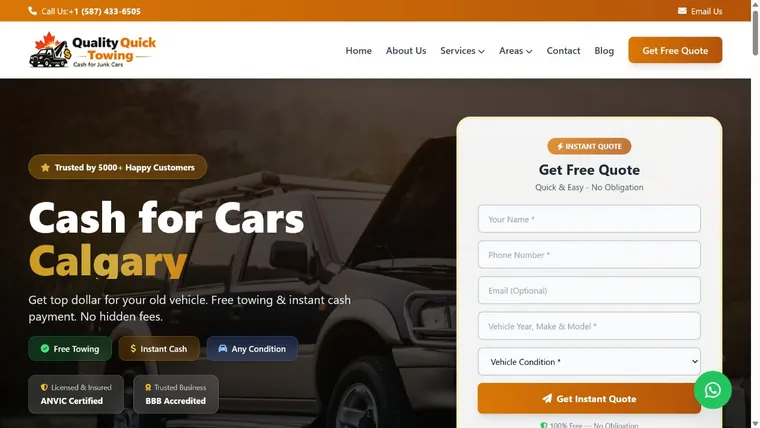 Quality Quick Towing cash-for-cars website portfolio screenshot