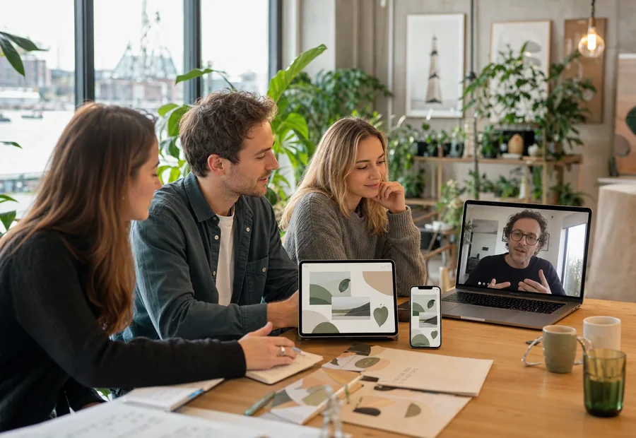 Bristol business team reviewing a responsive website in a creative workspace