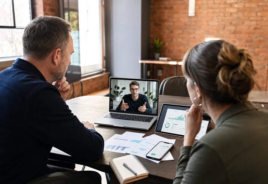 London business team comparing responsive website options with a remote agency consultant