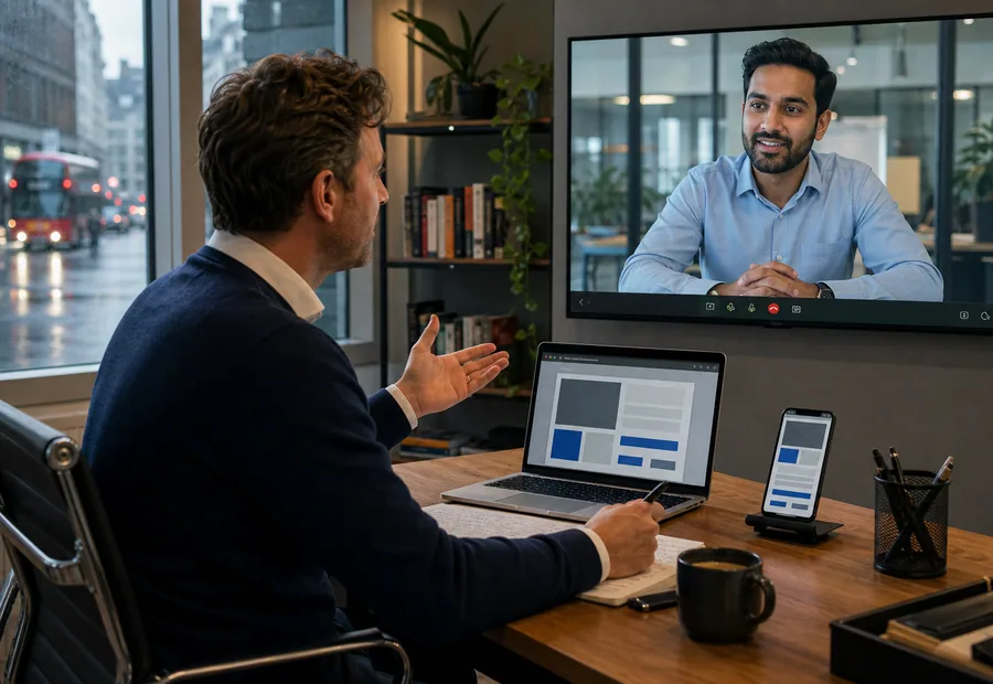 Manchester business owner reviewing website and mobile enquiry flows with a remote agency consultant