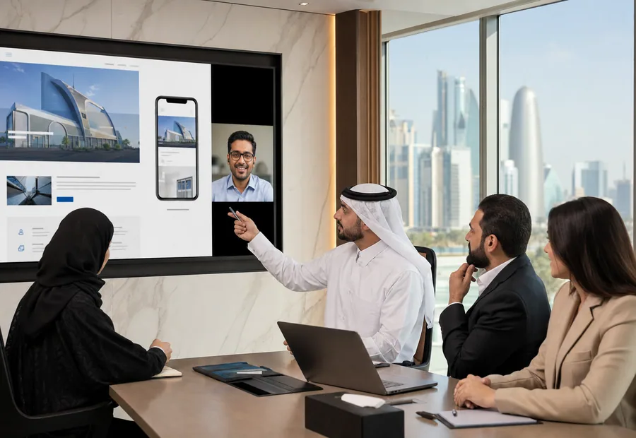 Qatar business team reviewing a bilingual-ready website and mobile enquiry journey
