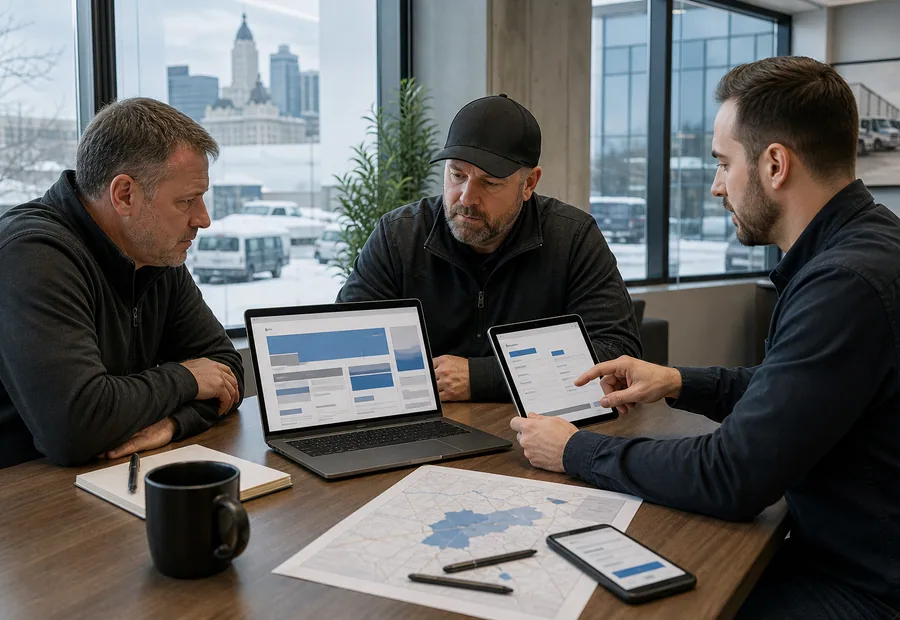 Winnipeg business team reviewing a responsive website, quote form and service-area plan