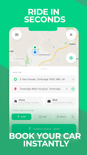 UGoo live taxi booking app pickup, destination and ride scheduling screen