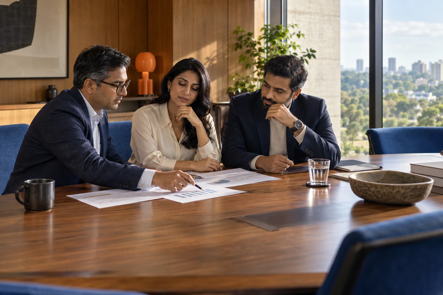 Business founder and two advisors discussing reports in a warm contemporary boardroom