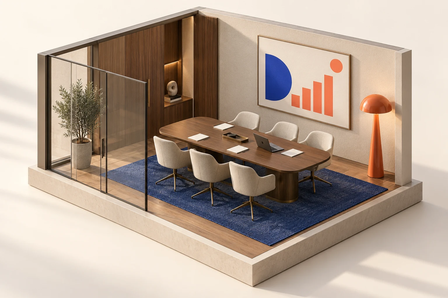 Realistic architectural boardroom cutaway with a walnut table, glass partition and six chairs