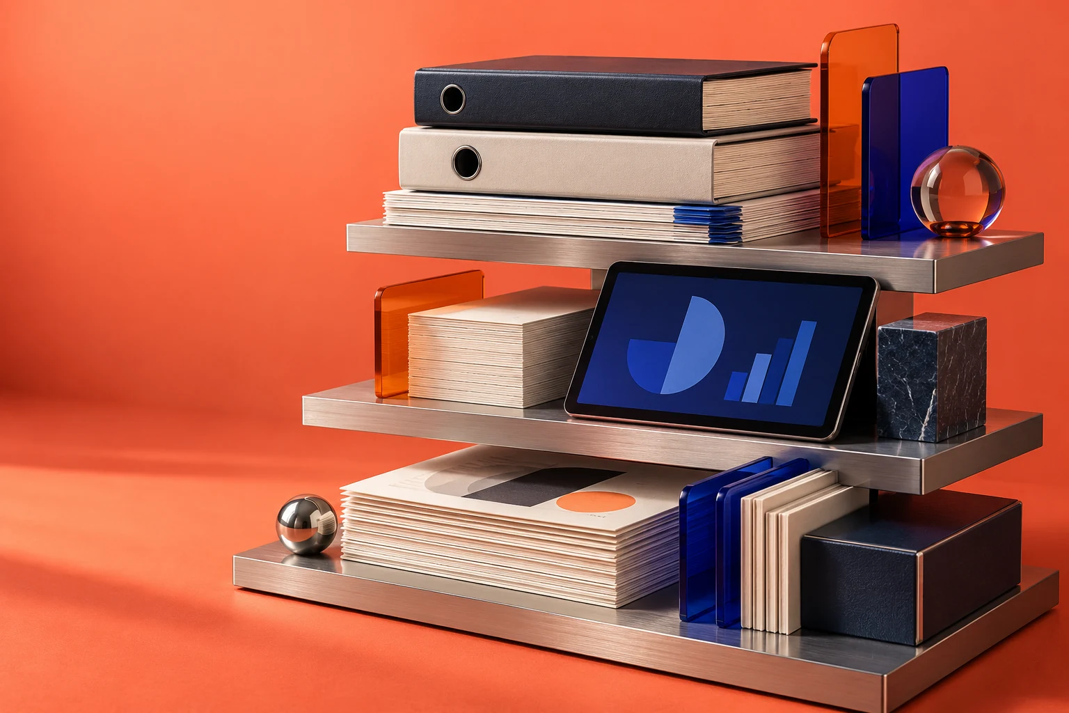 Photorealistic financial reporting stack with carefully layered binders, paper, glass dividers and a tablet
