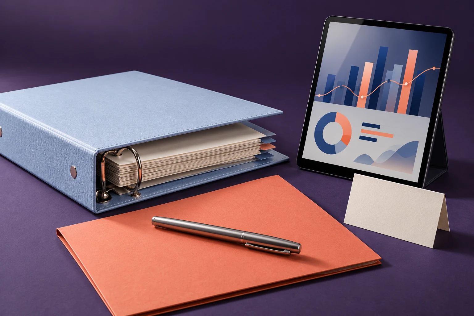 Premium financial reporting kit with a tablet, ringbinder, aluminium pen and coral folder
