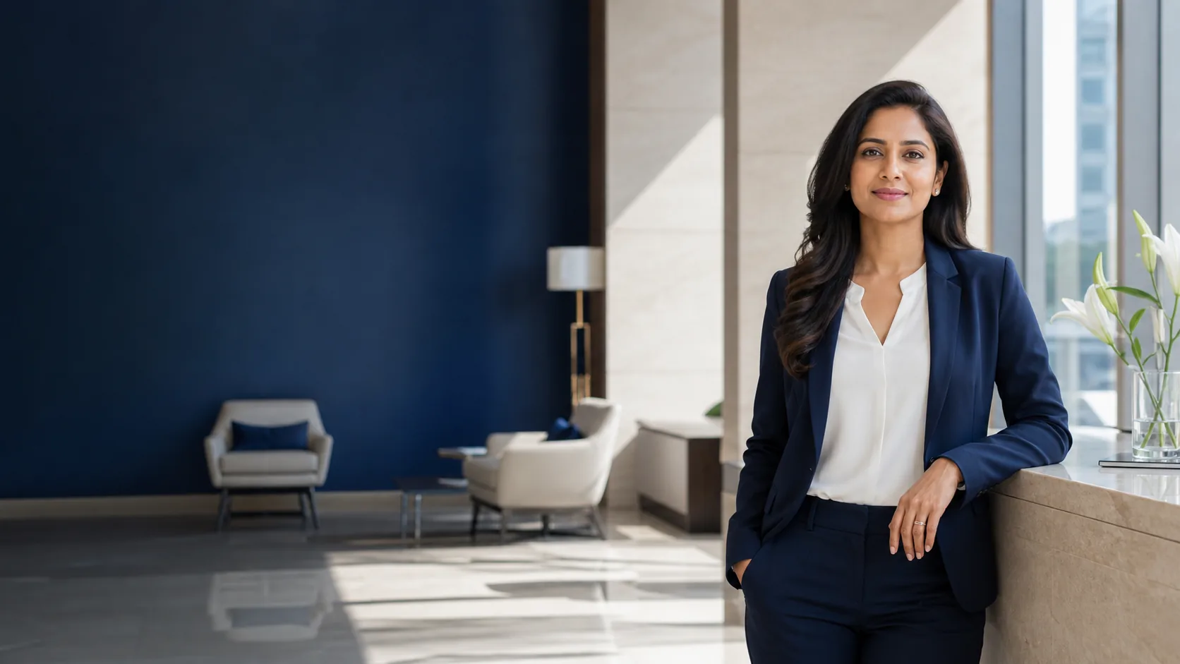 Confident Indian banking customer in a bright modern financial lounge