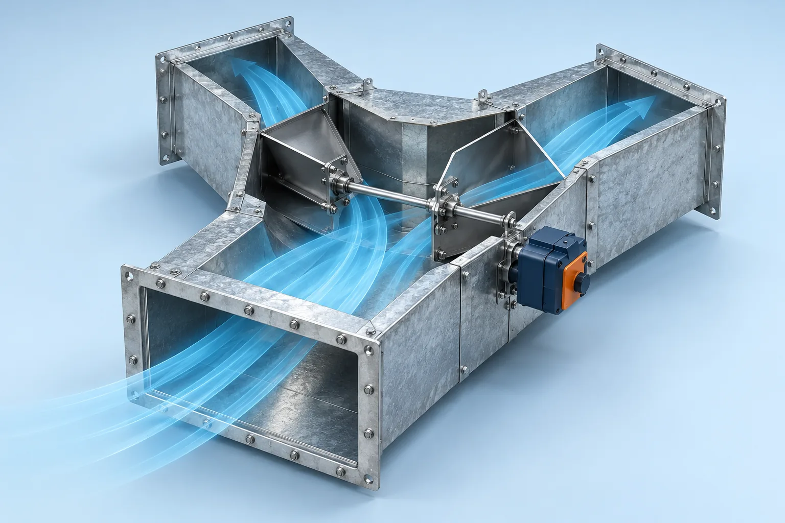 Galvanised metal duct junction with visible dampers, flanges, actuator and translucent blue air-path ribbons through two branches.