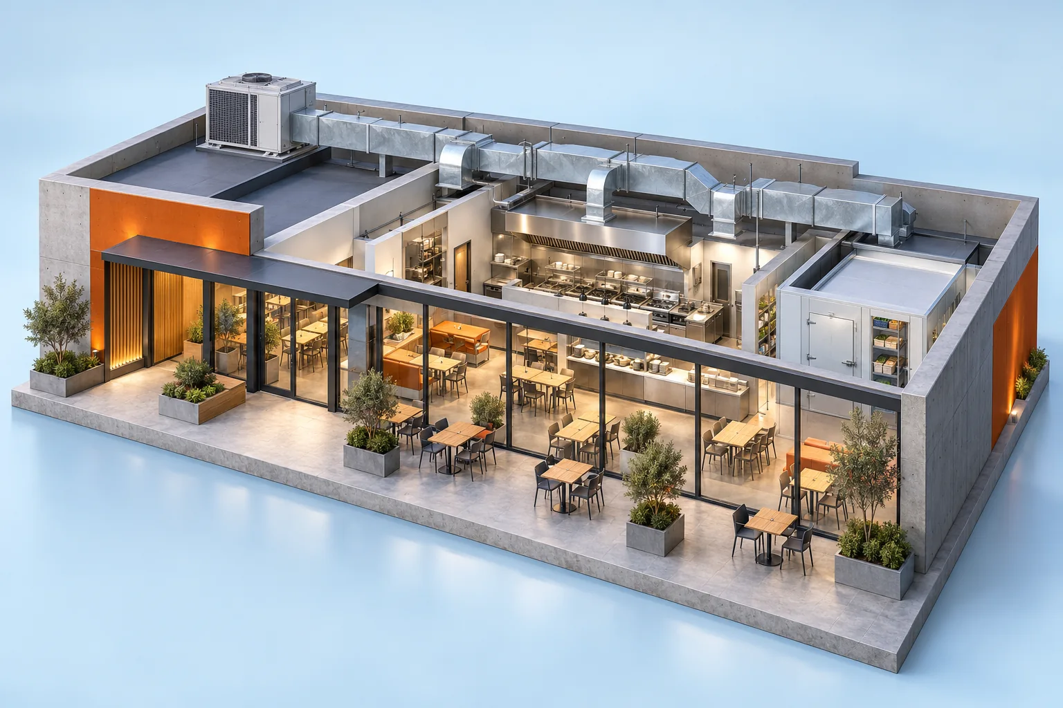 Architectural cutaway of a contemporary commercial food hall with seating, kitchen extract, cold-room equipment and rooftop ductwork.