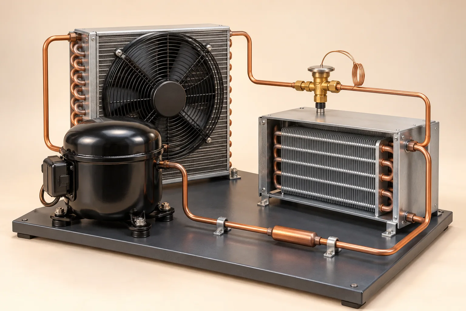 A complete refrigeration circuit with a compressor, finned condenser, expansion component and evaporator joined by copper piping on a low plinth.
