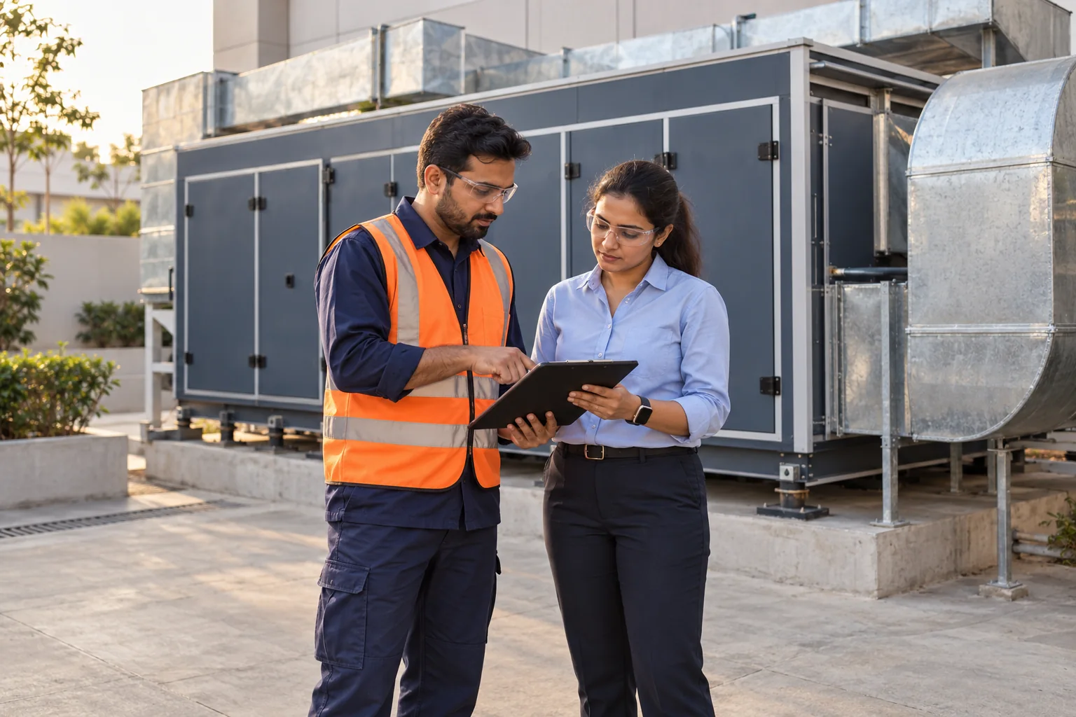An HVAC engineer and facility manager discussing a commercial air-handling unit in a safe ground-level service area.