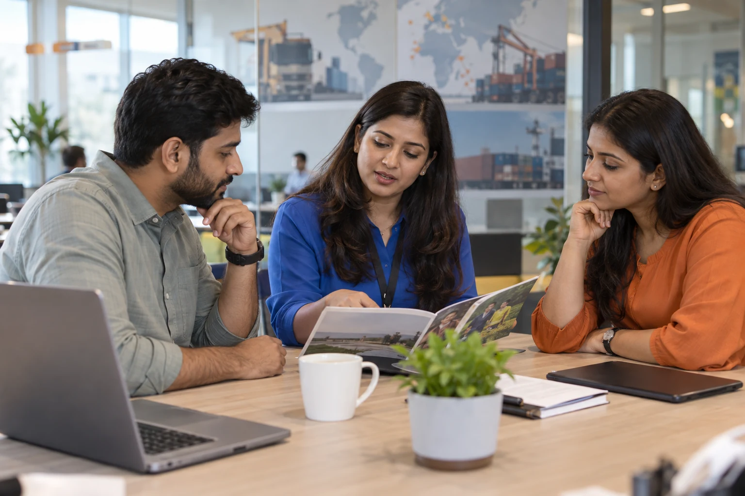 An HR coordinator discussing employee benefits with two colleagues in a bright workplace