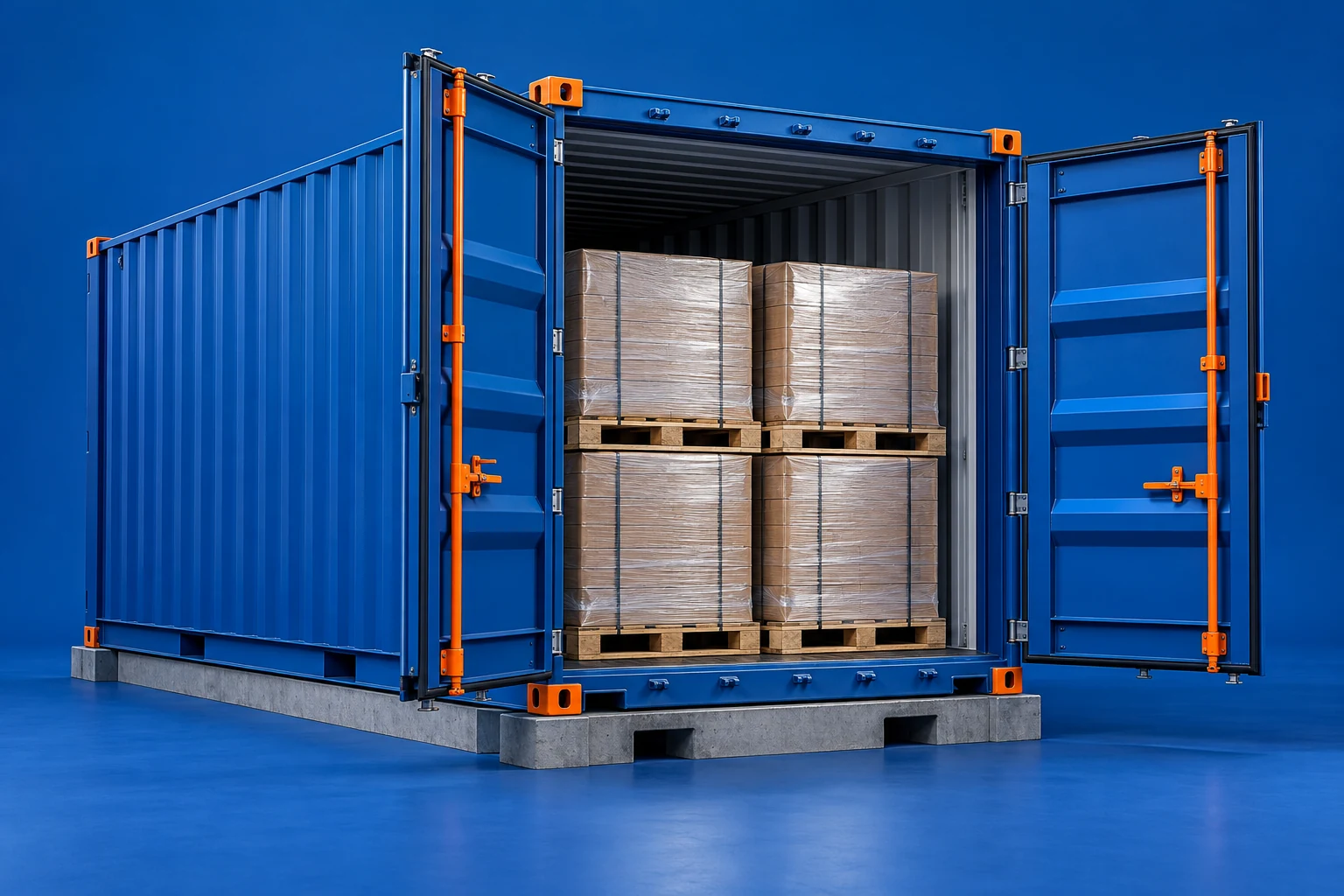Cobalt shipping container with open steel doors and palletised goods, presented as a cargo-insurance handoff study
