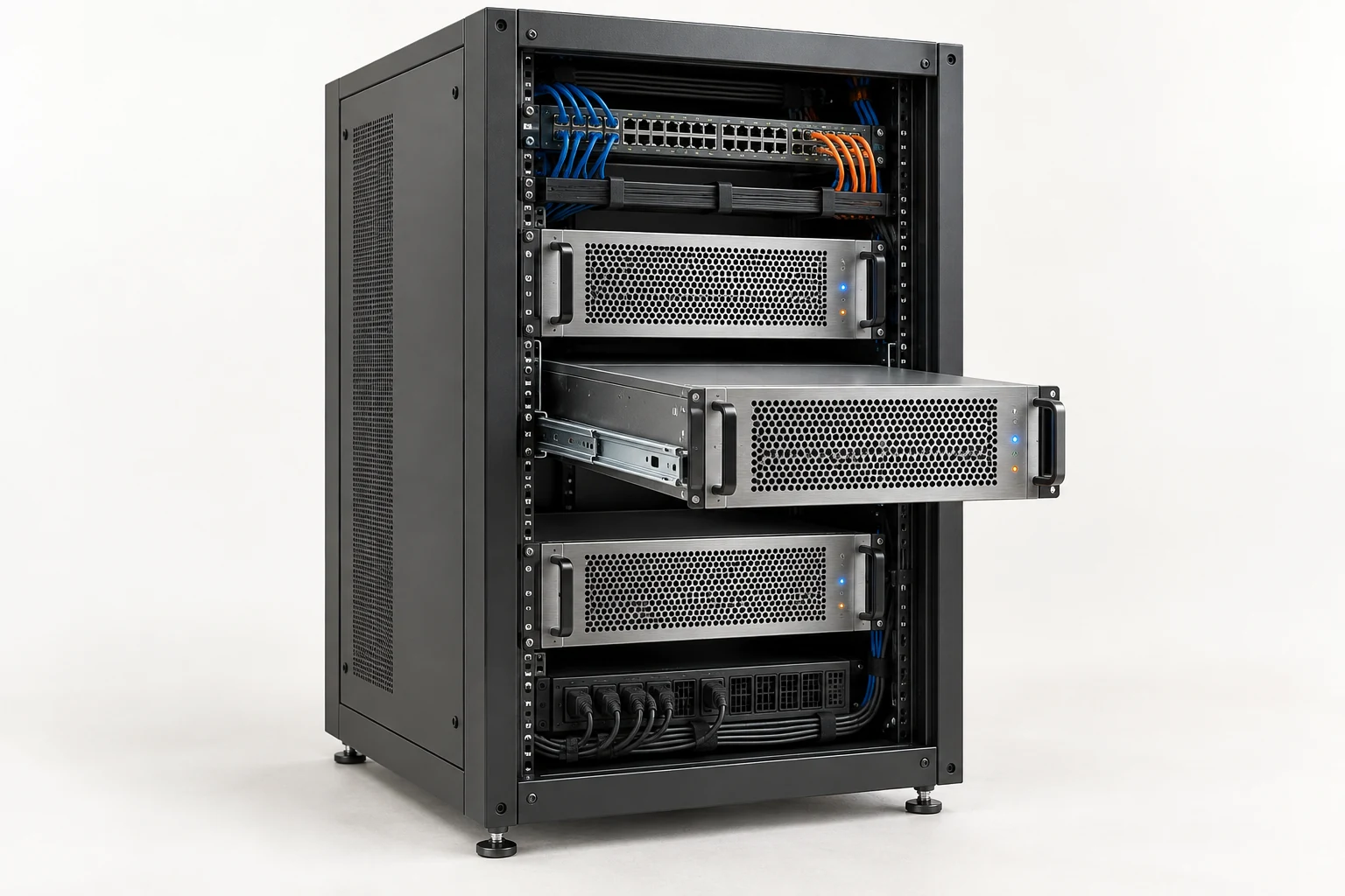 Detailed enterprise server rack with a server on sliding rails, illustrating operational dependencies