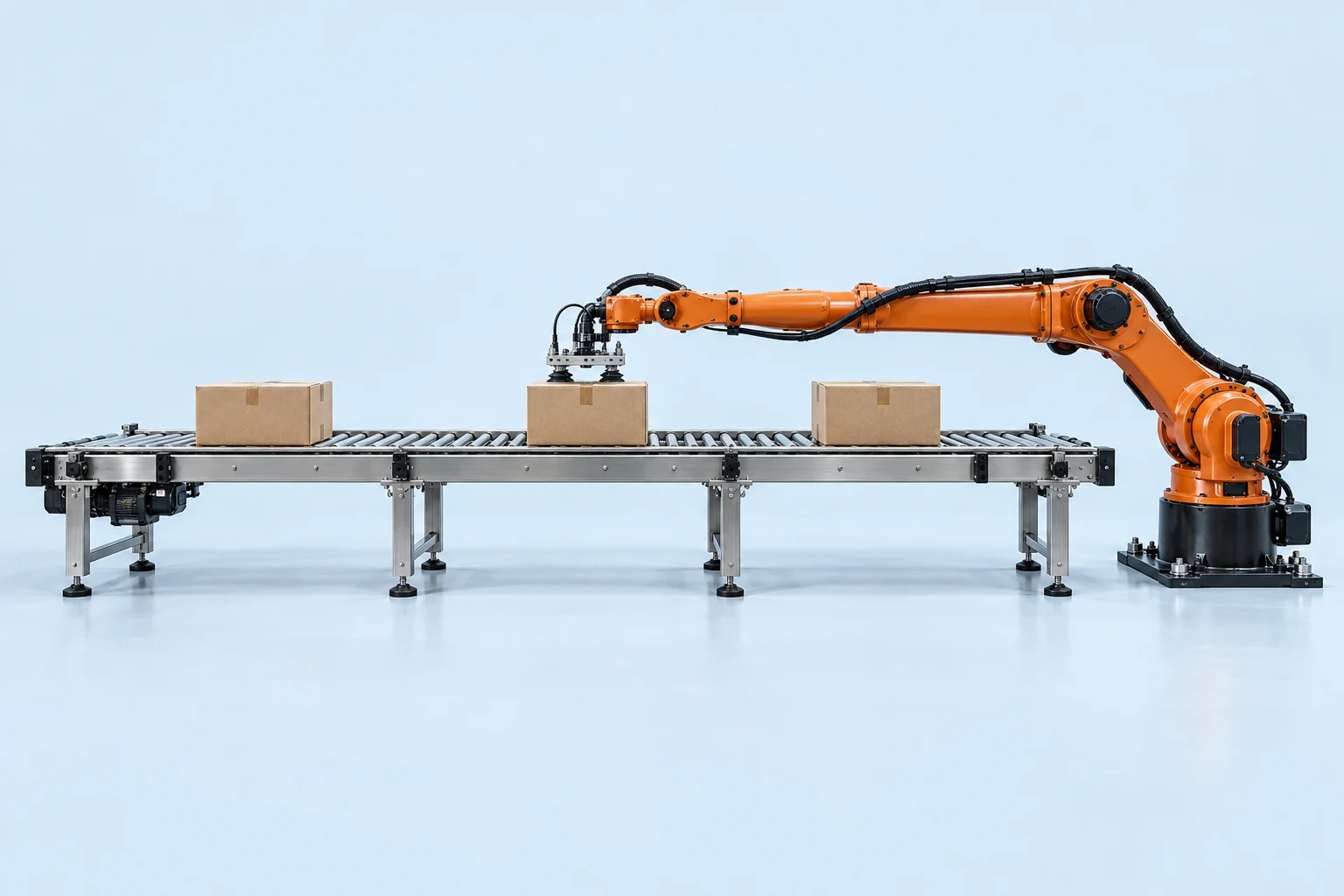 Photoreal industrial robot and conveyor, representing the assets and dependencies behind a manufacturing business