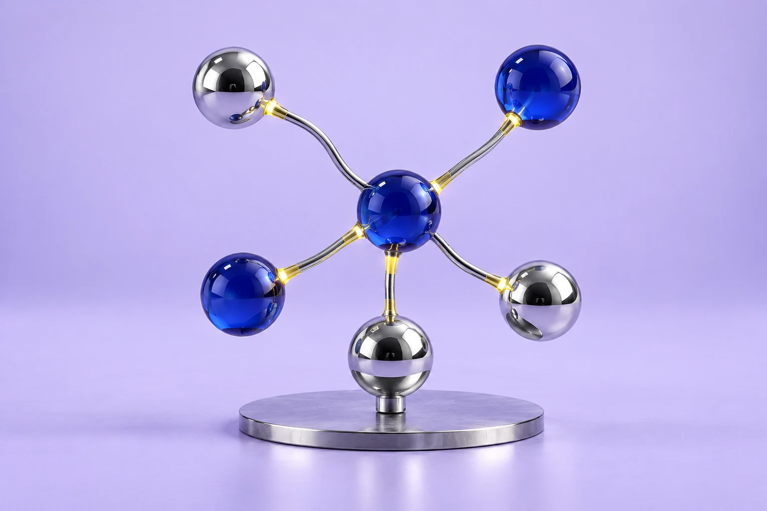 A realistic six-node glass and chrome dependency sculpture showing connected parts of a legal matter