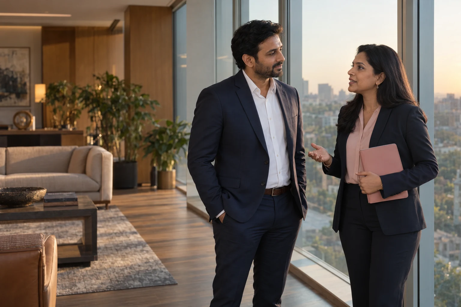 A business founder and legal advisor considering a question together beside a bright window