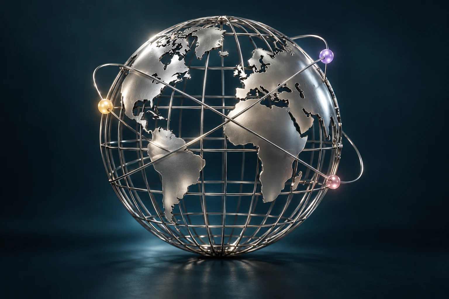 A precision openwork metal globe with three coloured portfolio markers and orbital paths