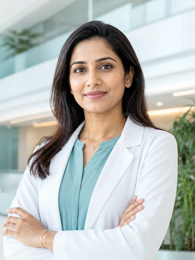 Illustrative portrait of a dental clinician in a white coat