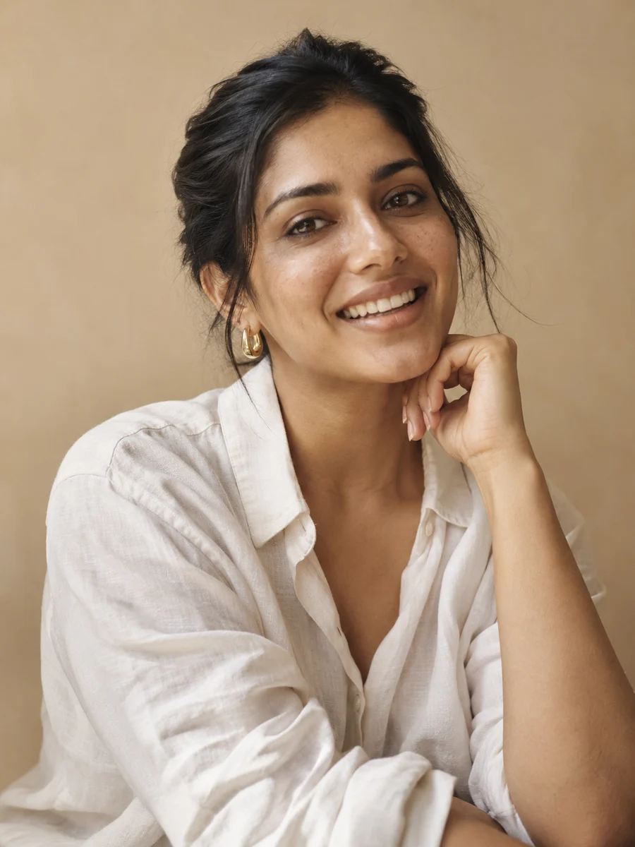 Editorial portrait of a woman sharing a relaxed, natural smile