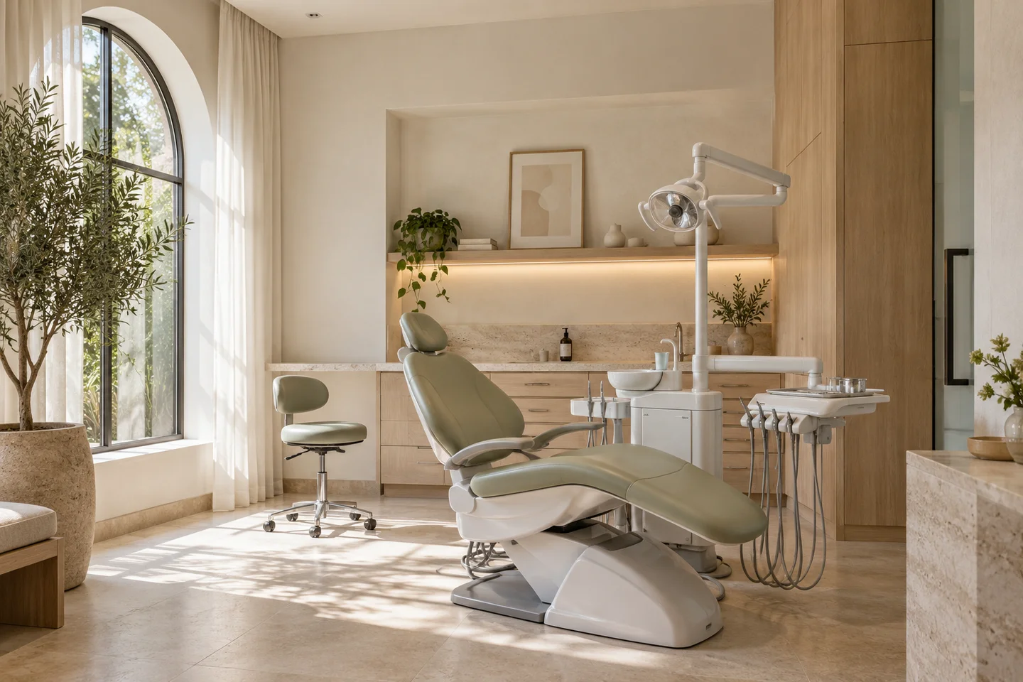 Concept interior of a calm dental treatment room with natural light, oak and a sage dental chair