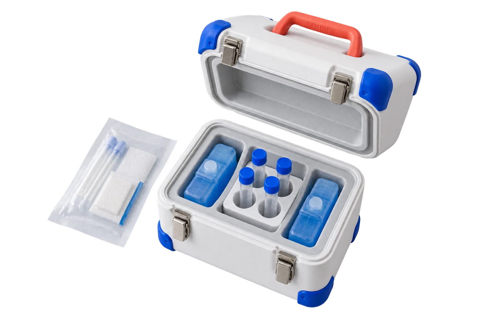 Photorealistic exploded sample transport kit with sealed tubes, protective inserts, insulated case and lid