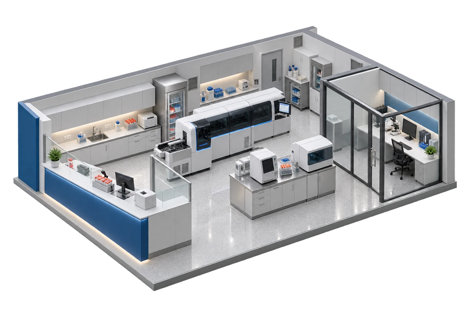 Photorealistic isometric laboratory cutaway with automated equipment, sample reception and review workspace