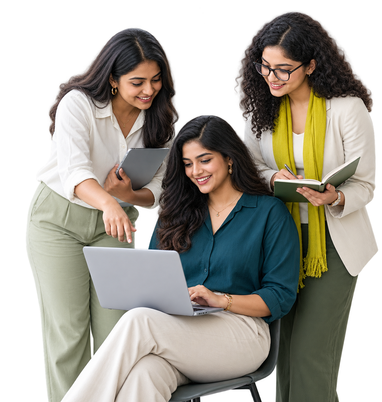 Three young women learning together around a laptop