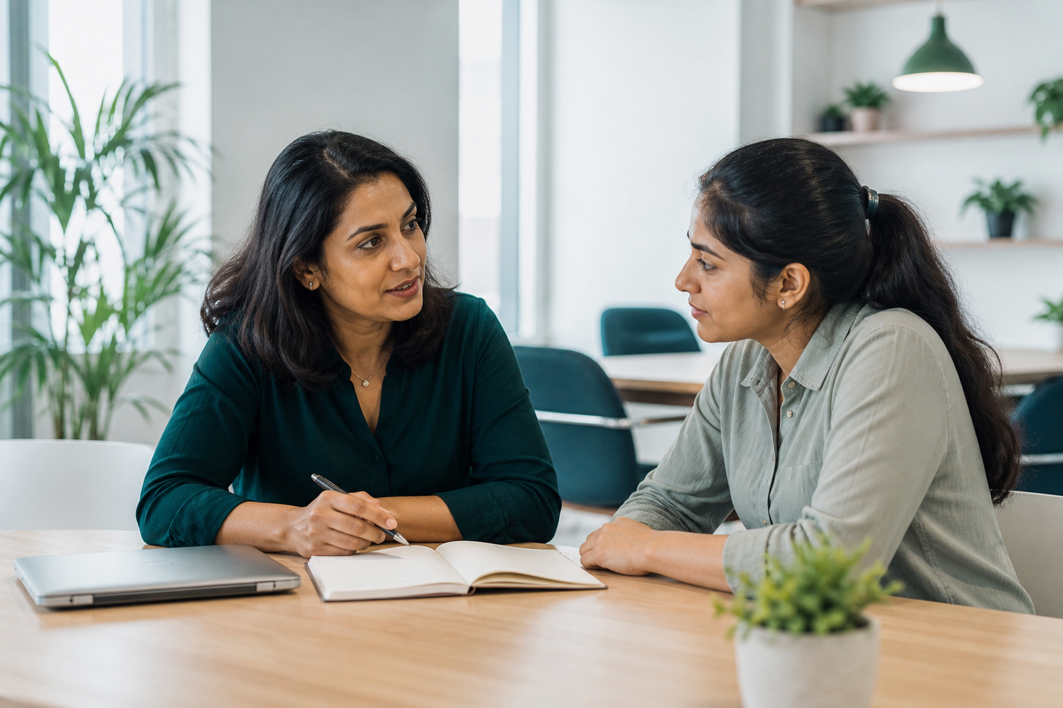 Woman mentor guiding a young professional in a focused learning conversation