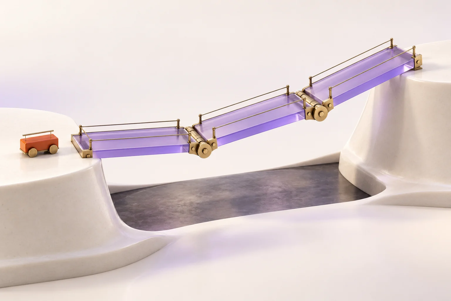 Three hinged translucent spans forming a staged implementation handover bridge.