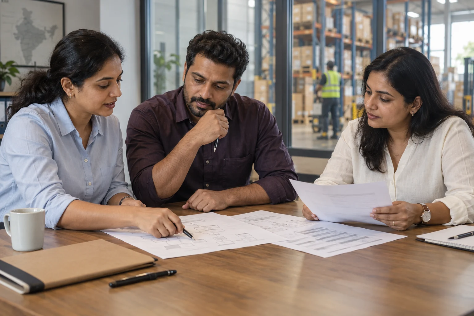 Sales, operations and finance colleagues mapping a distribution workflow together.