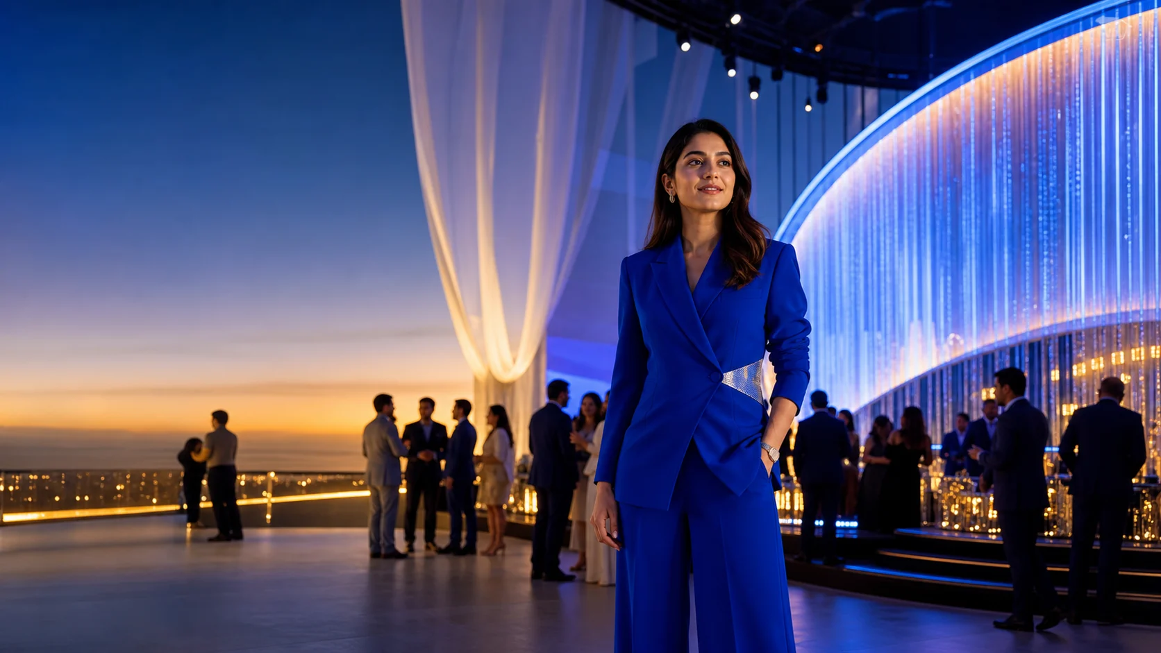 Fictional LUMA curator in a cobalt-lit editorial event setting