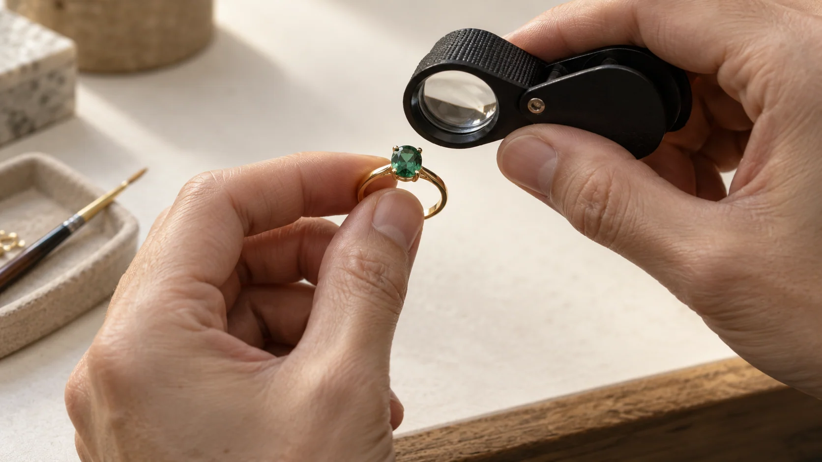 A jeweller’s hands inspecting the setting of a gold ring