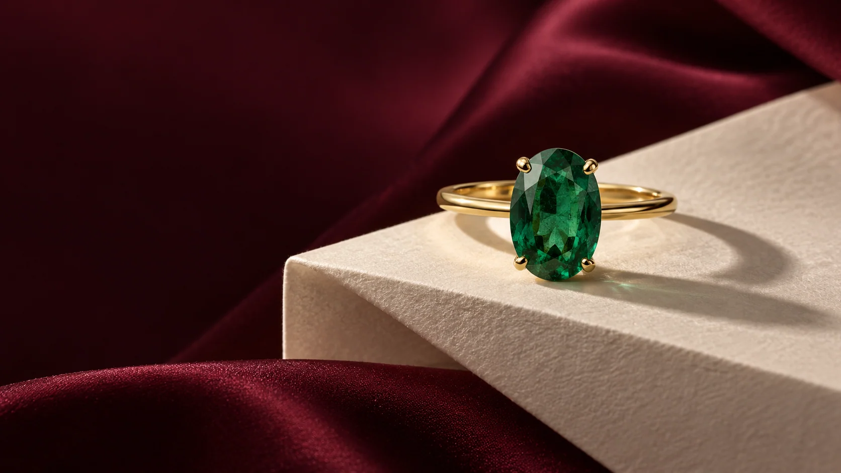 A green emerald ring on sculptural ivory paper and deep berry silk