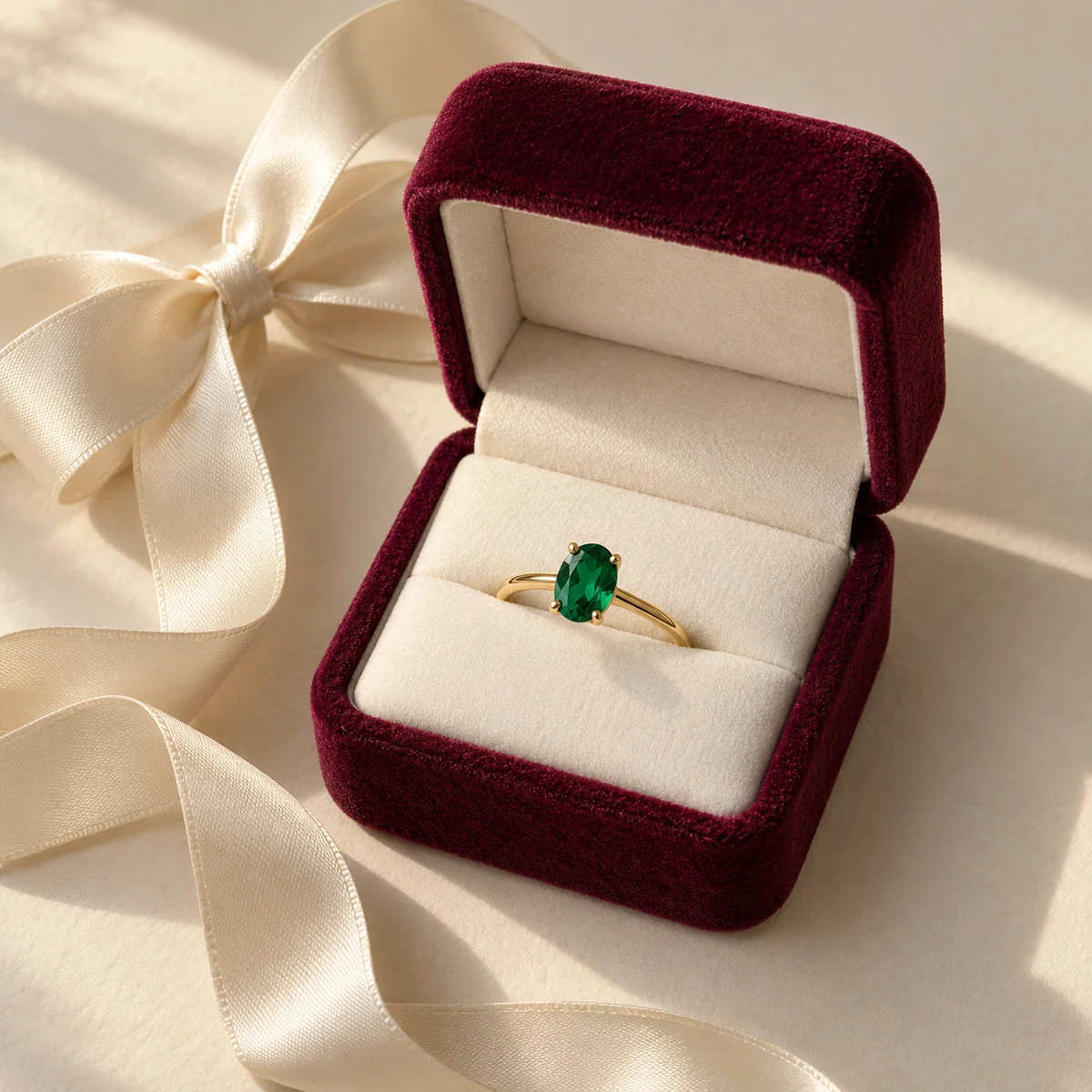 An emerald ring in a berry velvet jewellery box with an ivory ribbon