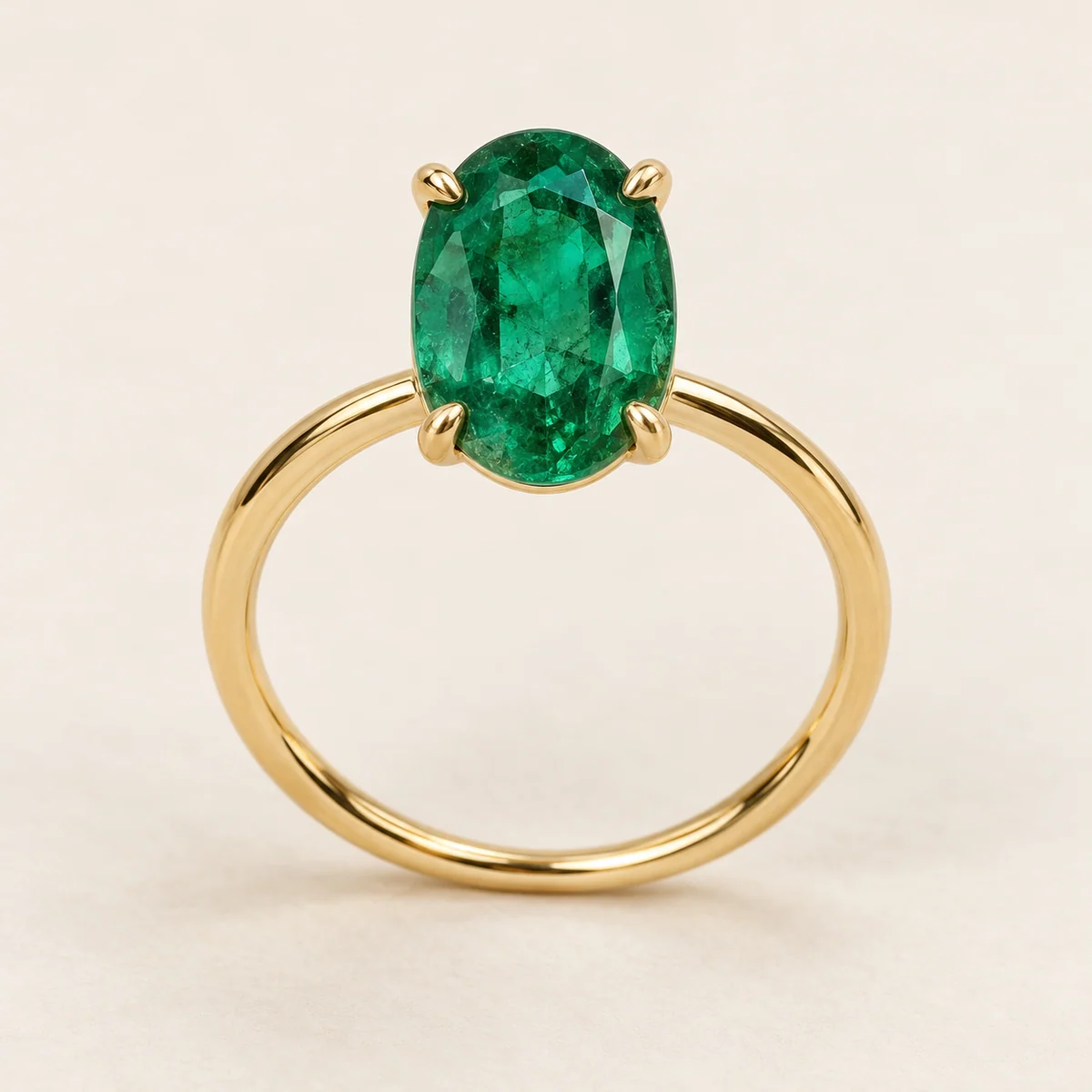 Sol ring with a green oval emerald and four-claw gold setting